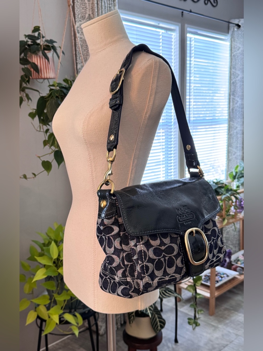 Coach Bleecker Patent Leather & Signature Navy Jacquard Shoulder Bag
